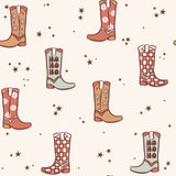 a repeating pattern of various cowboy boots, each with different colors and designs, scattered across a white background with stars.