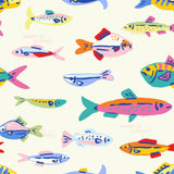 a variety of colorful fish swimming in different directions, creating a lively and dynamic scene.