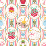 The image is a repeating pattern of various Christmas-themed cookies and decorations, including Santa Claus, a mouse wearing a crown, a swan, and other festive elements.