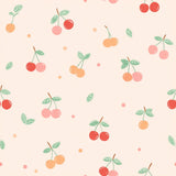 a repeating pattern of various colored cherries and leaves against a light background.