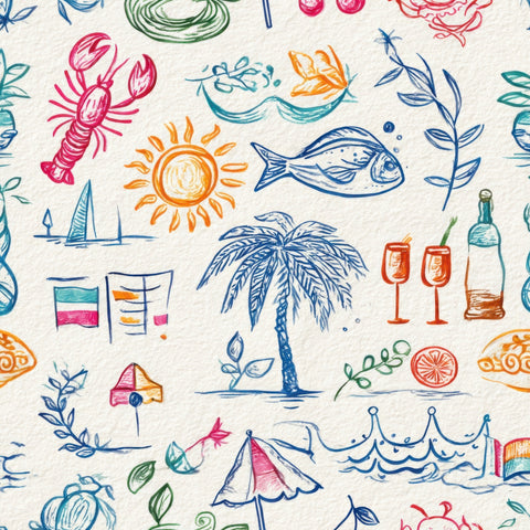 a variety of colorful, hand-drawn illustrations and objects, including a lobster, sun, palm tree, wine glasses, a boat, and other tropical elements, all drawn in a whimsical and playful style.