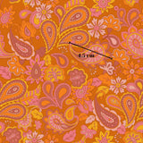 The image is a vibrant and colorful pattern featuring various paisley designs in shades of orange, pink, and yellow. The pattern is filled with intricate designs and shapes, creating a visually striking and eye-catching design.