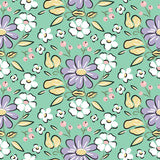 a repeating pattern of various flowers and leaves in shades of purple, white, and yellow against a mint green background.