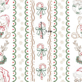 The image is a repeating pattern of Christmas-themed elements, including a teddy bear, candy cane, reindeer, and snowflakes. The pattern is composed of vertical stripes and curves, creating a festive and decorative design.