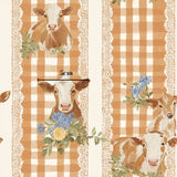 The image is a collage of three cow illustrations, each with a floral arrangement in their mouths. The cows are depicted in a pastoral setting, with a lace-like pattern on the background. The image is approximately 5 centimeters wide.