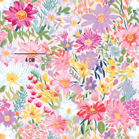 a flowery background with the measurements for the fabric