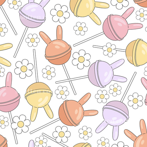 a repeating pattern of colorful lollipops and flowers on a white background.