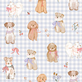 a repeating pattern of cartoon-style dogs wearing bows and flowers, with some dogs wearing red bows and others wearing blue bows. The dogs are arranged in a grid-like pattern on a blue and white checkered background.