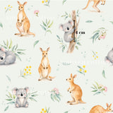 The image is a repeating pattern of various animals, including kangaroos, koalas, and wallabies, along with flowers and leaves. The pattern is set against a light green background.