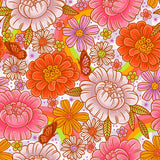 The image is a vibrant and colorful pattern featuring a variety of flowers, including large pink and orange flowers, smaller white and orange flowers, and purple and orange flowers. Butterflies are also present in the scene, adding to the lively and dynamic nature of the image.