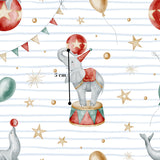 The image is a watercolor painting depicting a circus scene with a circus elephant balancing a ball on its trunk, surrounded by various circus elements such as balloons, stars, and a striped background.