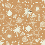 an orange background with white palm trees and stars