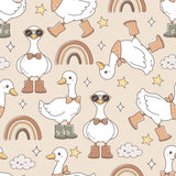 a repeating pattern of cartoon-style ducks wearing sunglasses and bow ties, along with various other whimsical elements such as rainbows, clouds, and stars.