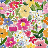 The image is a vibrant and colorful collage of various watercolor flowers and leaves, with a ruler placed in the center to indicate the size of the pattern.