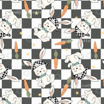 a repeating pattern of cartoon rabbits wearing hats and holding carrots, set against a black and white checkered background.