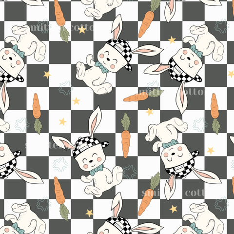 a repeating pattern of cartoon rabbits wearing hats and holding carrots, set against a black and white checkered background.
