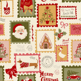 The image is a seamless pattern featuring various Christmas-themed elements such as Santa Claus, a Christmas tree, a mailbox, a gingerbread house, a goose, a dachshund, a Christmas tree, and a mailbox. The pattern includes text elements like "Mail", "Merry Christmas", and "From the North Pole".