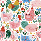 The image is a vibrant and colorful illustration featuring various stylized chickens and flowers in a playful and whimsical design.