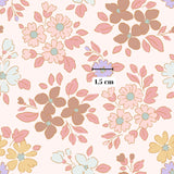 a repeating pattern of colorful flowers and leaves on a light pink background.