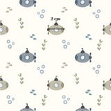 a repeating pattern of cartoon submarine illustrations on a white background.