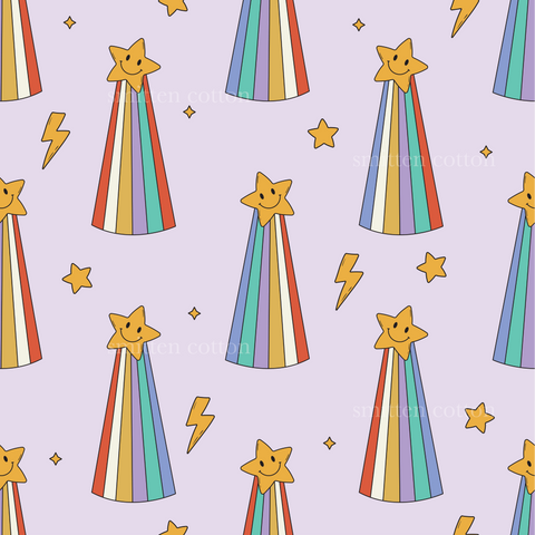 a purple background with stars and a rainbow cone