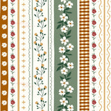 a repeating pattern of floral and geometric designs in various colors, including white, green, and orange. The pattern features vertical and horizontal stripes, as well as floral elements such as flowers and leaves. The overall design has a vintage or retro aesthetic, with a focus on repeating patterns and a harmonious color palette.
