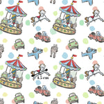 a repeating pattern of various colorful and whimsical illustrations, including a carousel, a horse, a plane, and other playful elements. The image is approximately 4.5 cm in size.