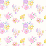 a repeating pattern of various colorful flowers, including pink, yellow, and purple flowers, against a white background.