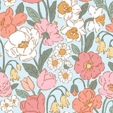 The image is a repeating pattern of various colorful flowers, including white, pink, and red flowers, along with green leaves.