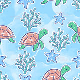 a repeating pattern of various sea creatures, including sea turtles, starfish, and coral, against a blue background.