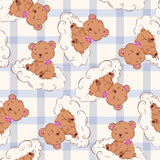 a repeating pattern of teddy bears on clouds, with each teddy bear having a bow around its neck. The teddy bears are depicted in various poses, such as sitting, lying down, and sleeping, creating a whimsical and playful scene.
