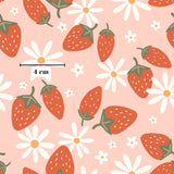 a repeating pattern of red strawberries and white daisies against a pink background.