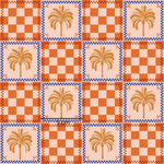 an orange and blue checkered pattern with palm trees