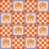 an orange and blue checkered pattern with palm trees