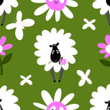 The image is a repeating pattern of white flowers with pink centers, along with a black sheep holding a pink flower in the center.