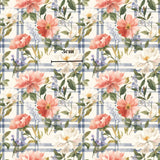 The image is a repeating pattern of pink and white flowers with green leaves, arranged in a grid-like layout. The pattern is set against a background of blue and white checkered or plaid lines. There is a measurement line in the center of the image, indicating the size of the pattern.