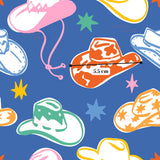 a variety of colorful hats and star-shaped objects against a blue background.
