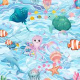 The image is a vibrant underwater scene filled with various sea creatures, including a dolphin, an octopus, a turtle, and several fish. The scene is surrounded by bubbles and water, creating a lively and colorful atmosphere.