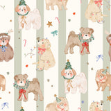 The image is a repeating pattern of cartoon-style dogs wearing Christmas-themed accessories, such as bows, ribbons, and hats, against a striped background.