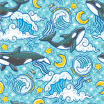 a pattern of dolphins and stars on a blue background