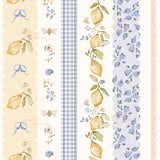 The image is a collage of various patterns and designs, including lemon and floral motifs, ribbons, and checkered elements.