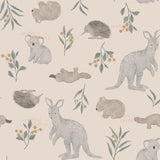 a repeating pattern of various animals, including kangaroos, koalas, hedgehogs, and echidnas, along with leaves and branches.