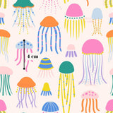 a repeating pattern of colorful jellyfish illustrations, each with unique shapes and sizes. The pattern includes various types of jellyfish, such as the blue and orange ones, as well as some with long tails and others with shorter ones. The image is a collage of multiple jellyfish illustrations, and there is a text overlay indicating the size of the image, which is 4 cm.