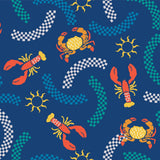 a vibrant and playful pattern of colorful crabs and suns against a blue background.