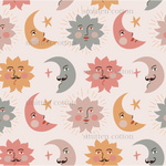 a pattern of sun and moon faces on a pink background