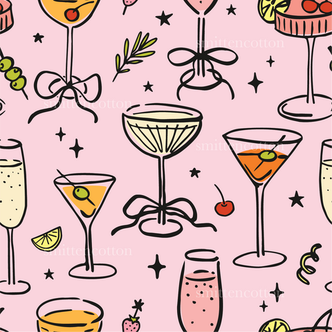 a pink background with glasses of different types of drinks