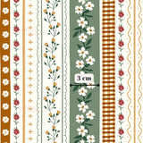 a repeating pattern of floral and geometric designs, including white flowers, green leaves, and yellow and orange stripes. The pattern is composed of vertical stripes and horizontal stripes, creating a visually appealing and harmonious design.