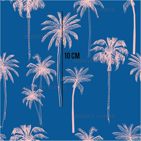 a blue background with pink palm trees