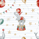The image is a watercolor painting of a circus elephant standing on a circus platform, surrounded by various circus-themed elements such as balloons, stars, and a striped background.