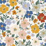 The image is a vibrant and colorful floral pattern featuring various types of flowers in shades of blue, yellow, orange, and pink. The flowers are scattered across the image, creating a visually appealing and dynamic composition.